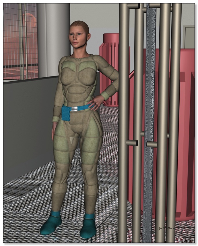 Mitra Kael Gingezel sci fi heroine working on her reactor on planet Drezvir.