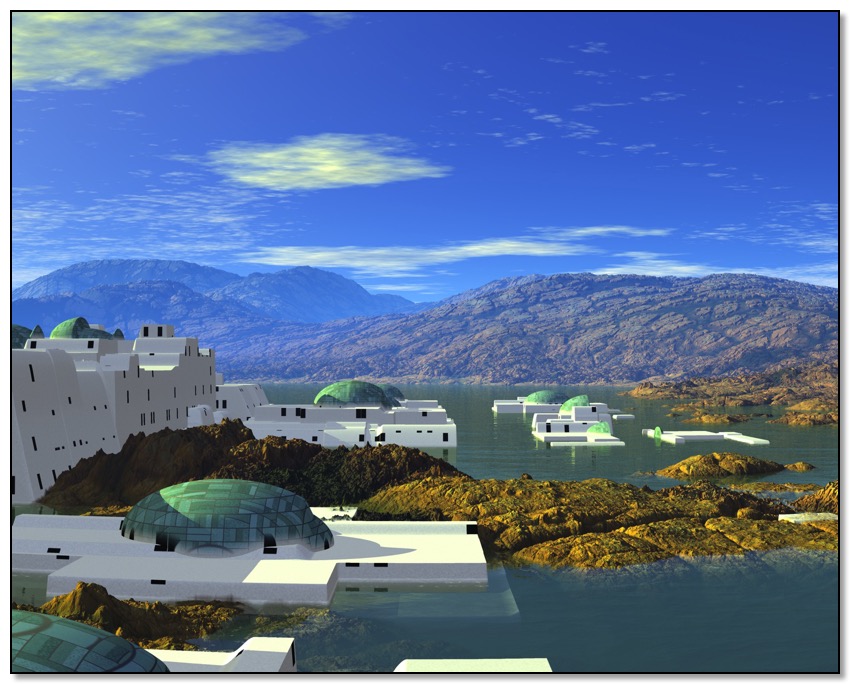 Azuramer seaside town on a sunny morning. Gingezel scifi