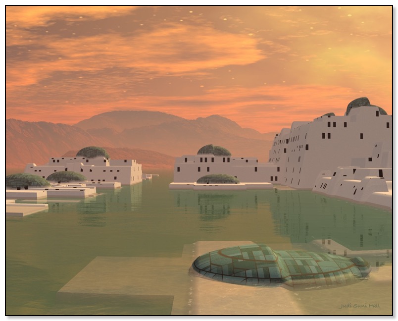 Sci fi art Azuramer resort at sunset. Gingezel