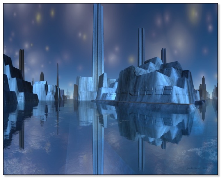 Blue city on the planet Estoff in the Farr Sector in the Gingezel scifi series.