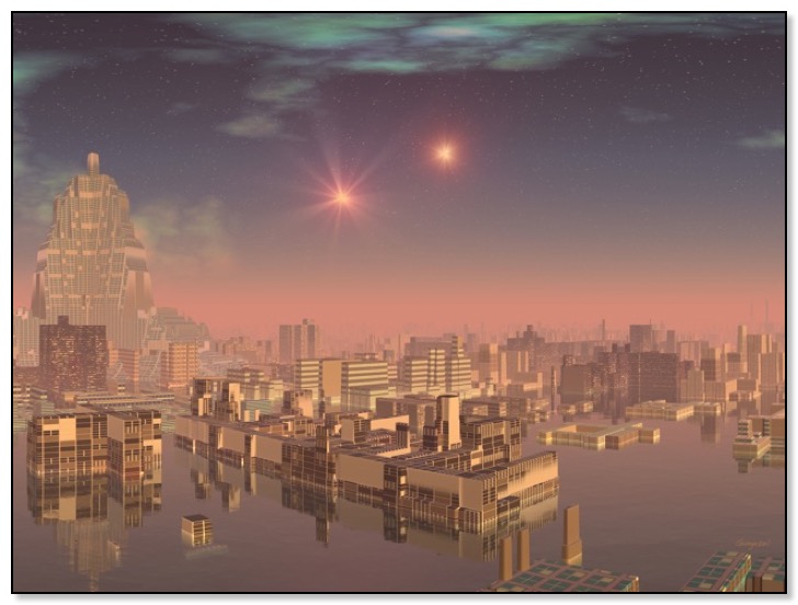 sunset Candi Dau, capital of the planet Rjjipet Gingezel SciFi