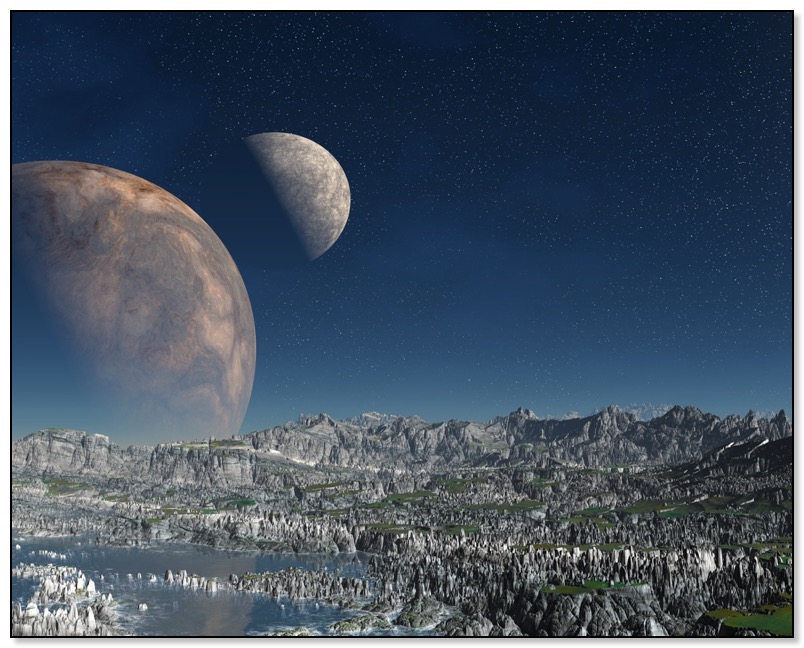 Alien landscape of the double moon planet Surana in the Gingezel science fiction series.